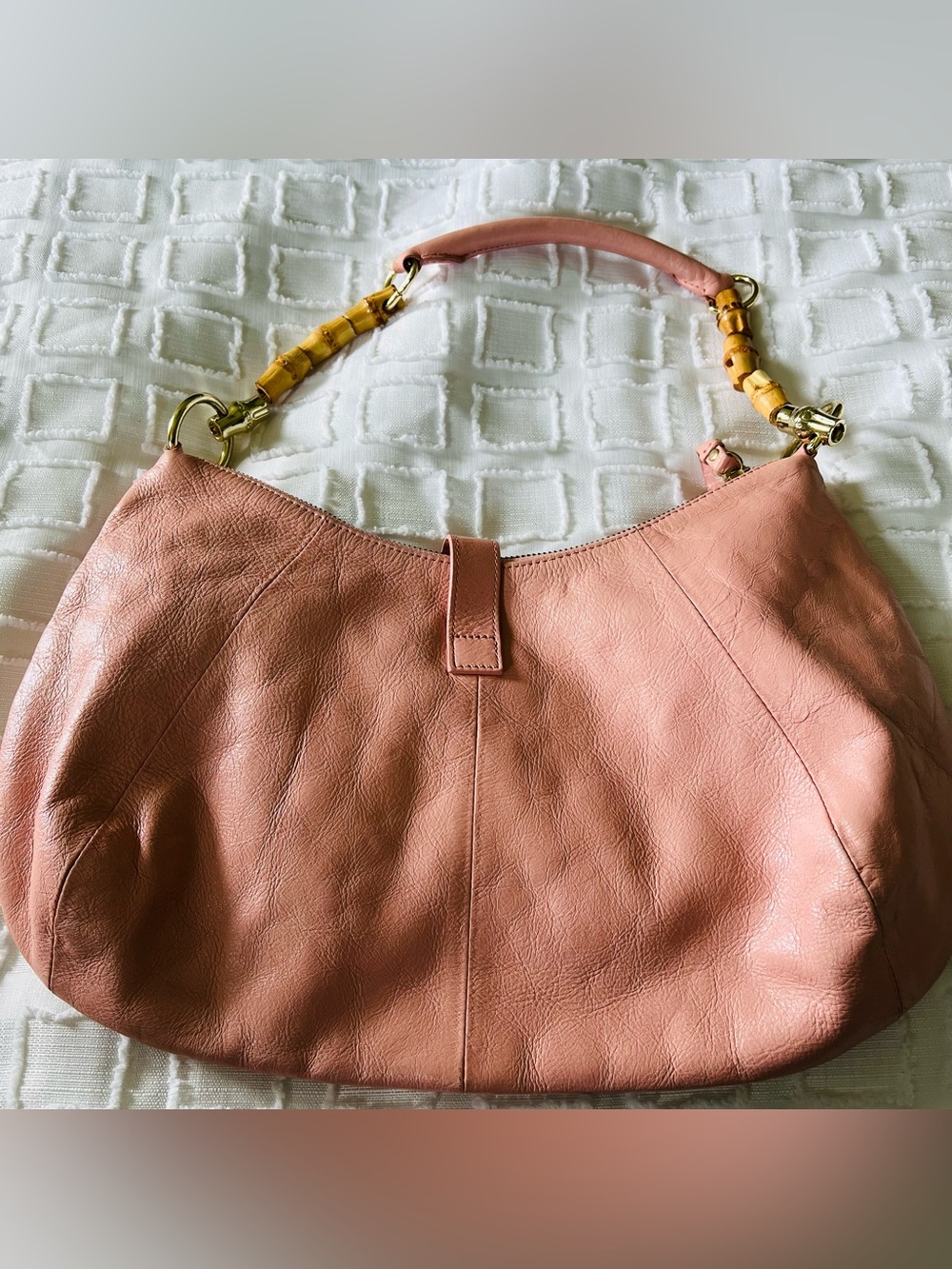 Banana Republic Vintage Salmon Pink Leather Y2K 2000 Bamboo Handle Shoulder Bag - Picture 12 of 16